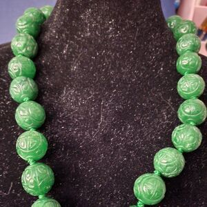 Carved Green Jade Beaded Sterling Silver Necklace